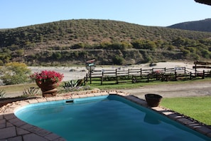 A pool with a wooden deck and a reception area in the background.