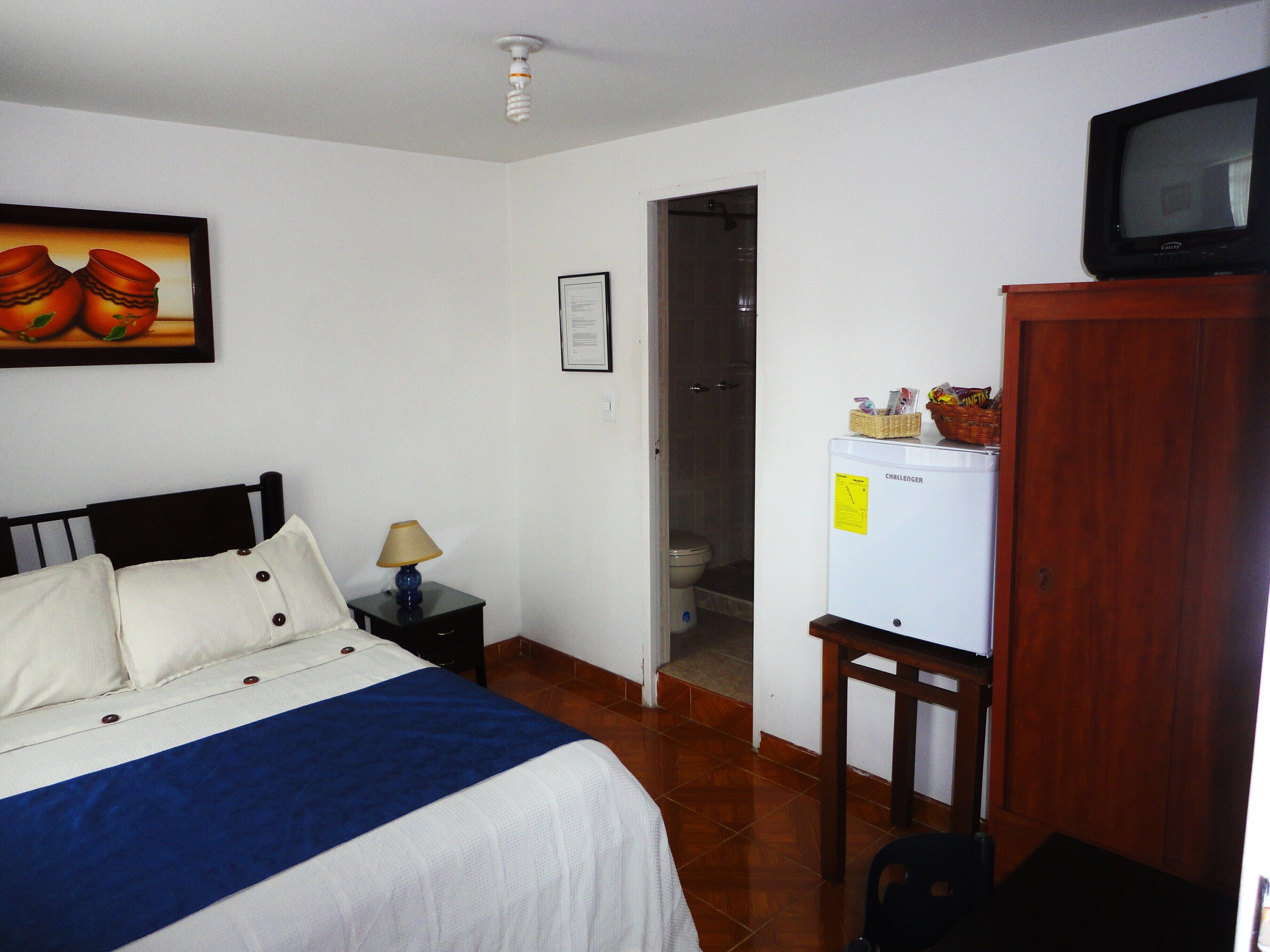 Un dormitorio con cama, mesita de noche, lámpara, televisor, refrigerador y puerta que da a un baño.