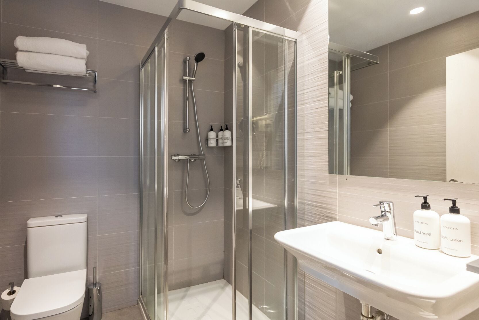 double room single use | bathroom | designer toiletries, hair dryer, towels, soap