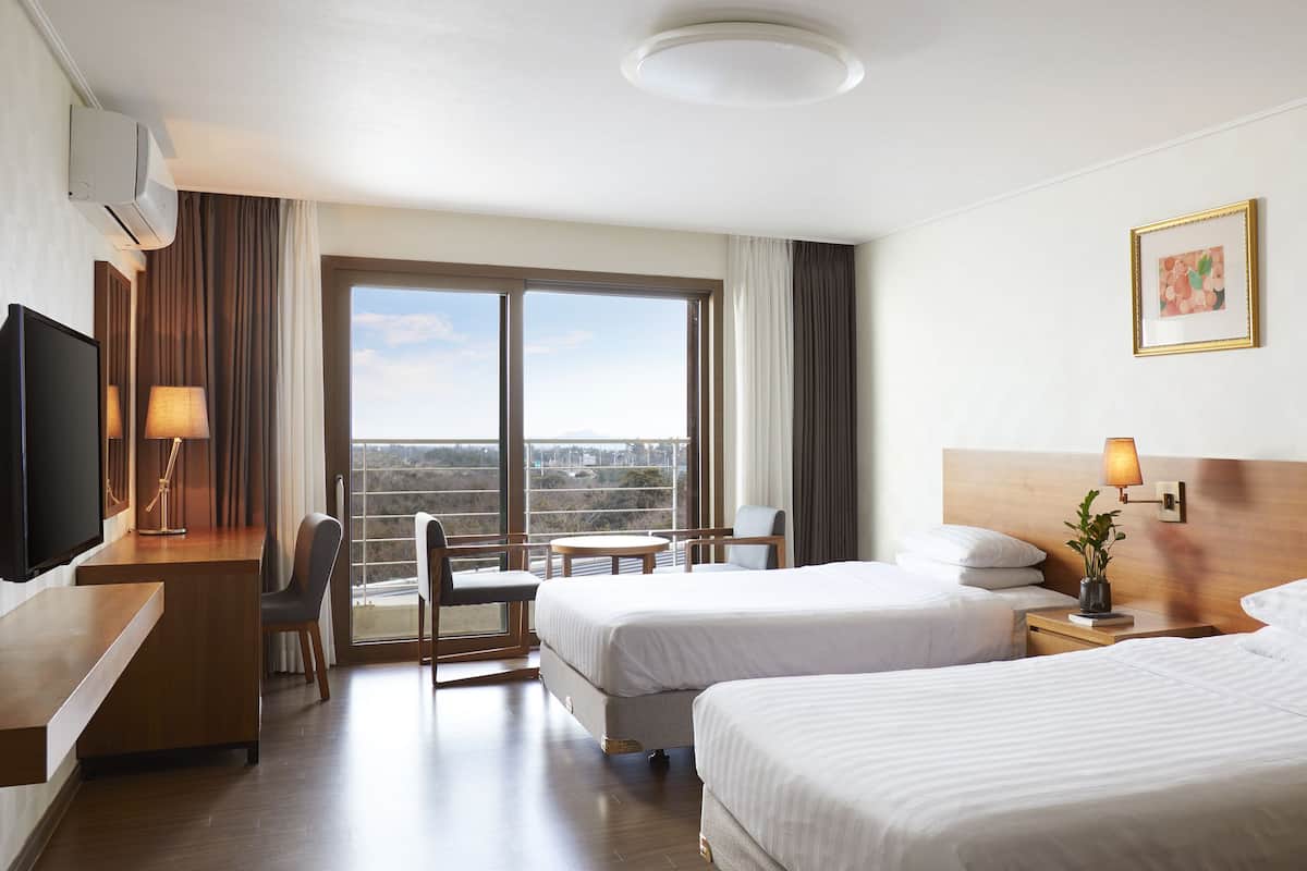 Quarto de hotel com duas camas, televisão, mesa, cadeira, janela com cortinas e um quadro na parede.