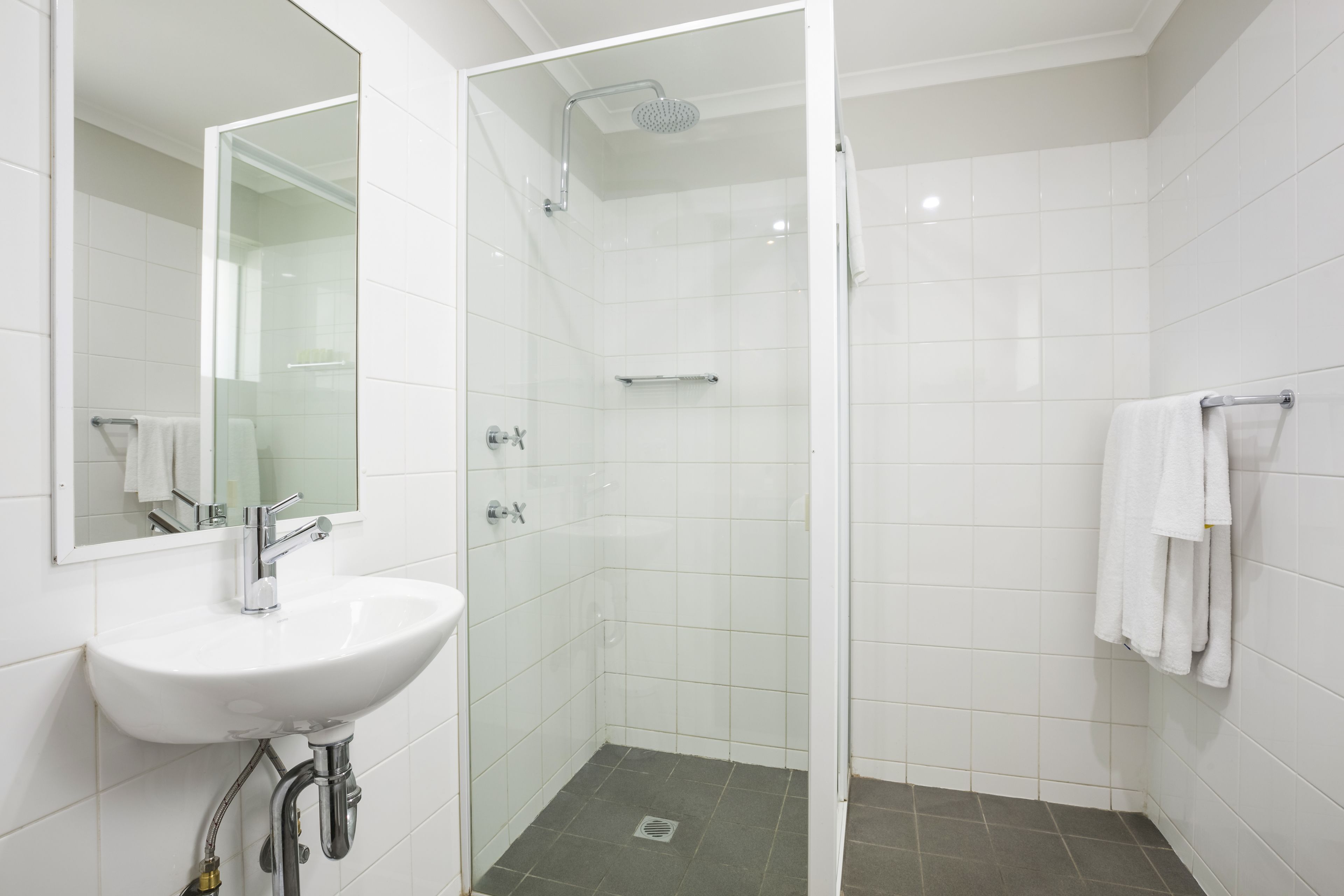 shower, rainfall showerhead, towels