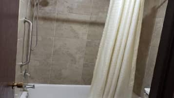 Combined shower/bathtub, free toiletries, hair dryer, towels