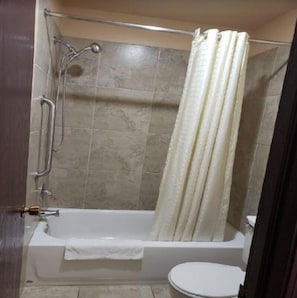 Combined shower/tub, free toiletries, hair dryer, towels