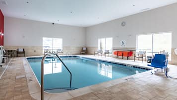 Indoor pool, pool umbrellas, sun loungers