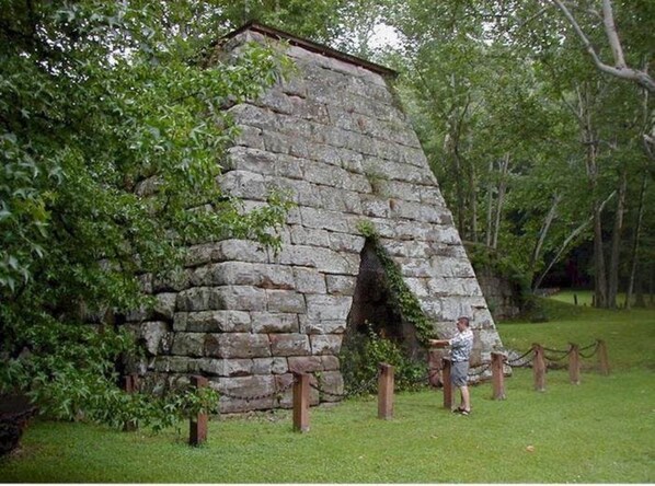 Une structure en pierre dotée d’une petite ouverture, entourée de verdure et d’une clôture en treillis métallique.