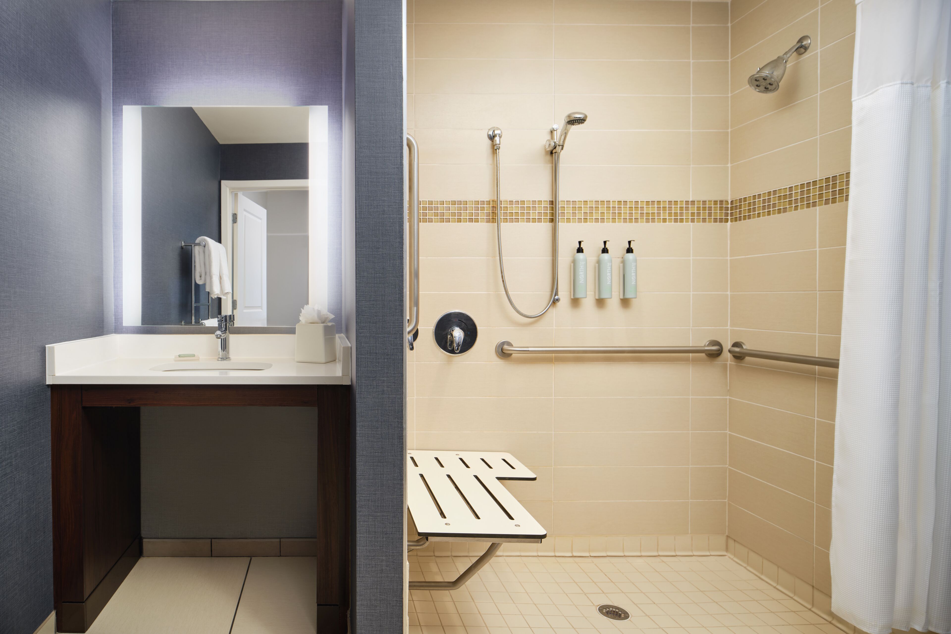 suite, 1 bedroom (mobility accessible, roll-in shower) | bathroom | free toiletries, hair dryer, towels