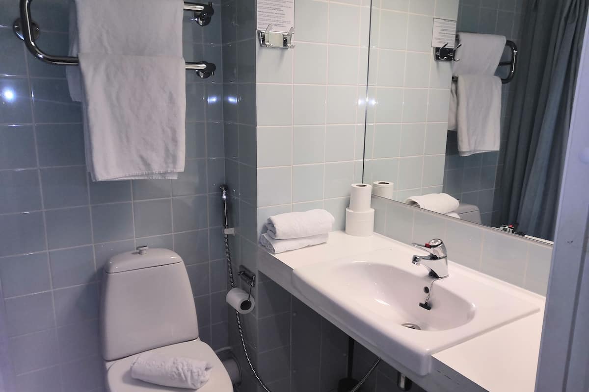 standard twin room | bathroom | shower, hair dryer, bidet, towels