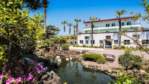 A hotel with a pool, surrounded by lush greenery and palm trees. - Olleh Windmill Pension & Guesthouse - Hostel (Seogwipo)
