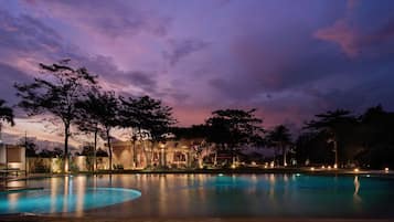 Outdoor pool, pool umbrellas, pool loungers