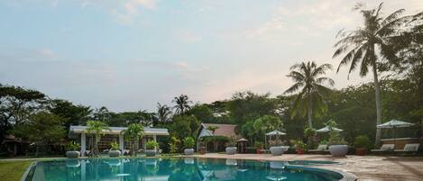 Outdoor pool, pool umbrellas, pool loungers