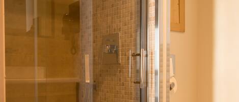 Ducha con paredes de cristal, suelo de azulejos y un inodoro blanco visible en la habitación contigua.