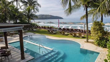 Outdoor pool, pool umbrellas, pool loungers