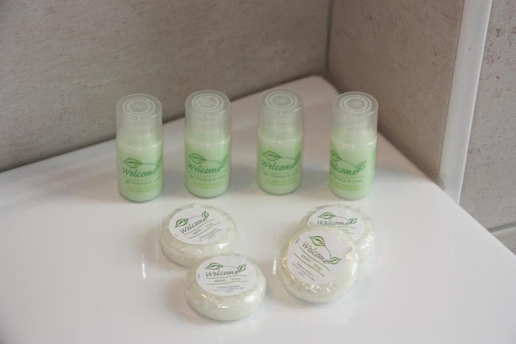 free toiletries, hair dryer, towels