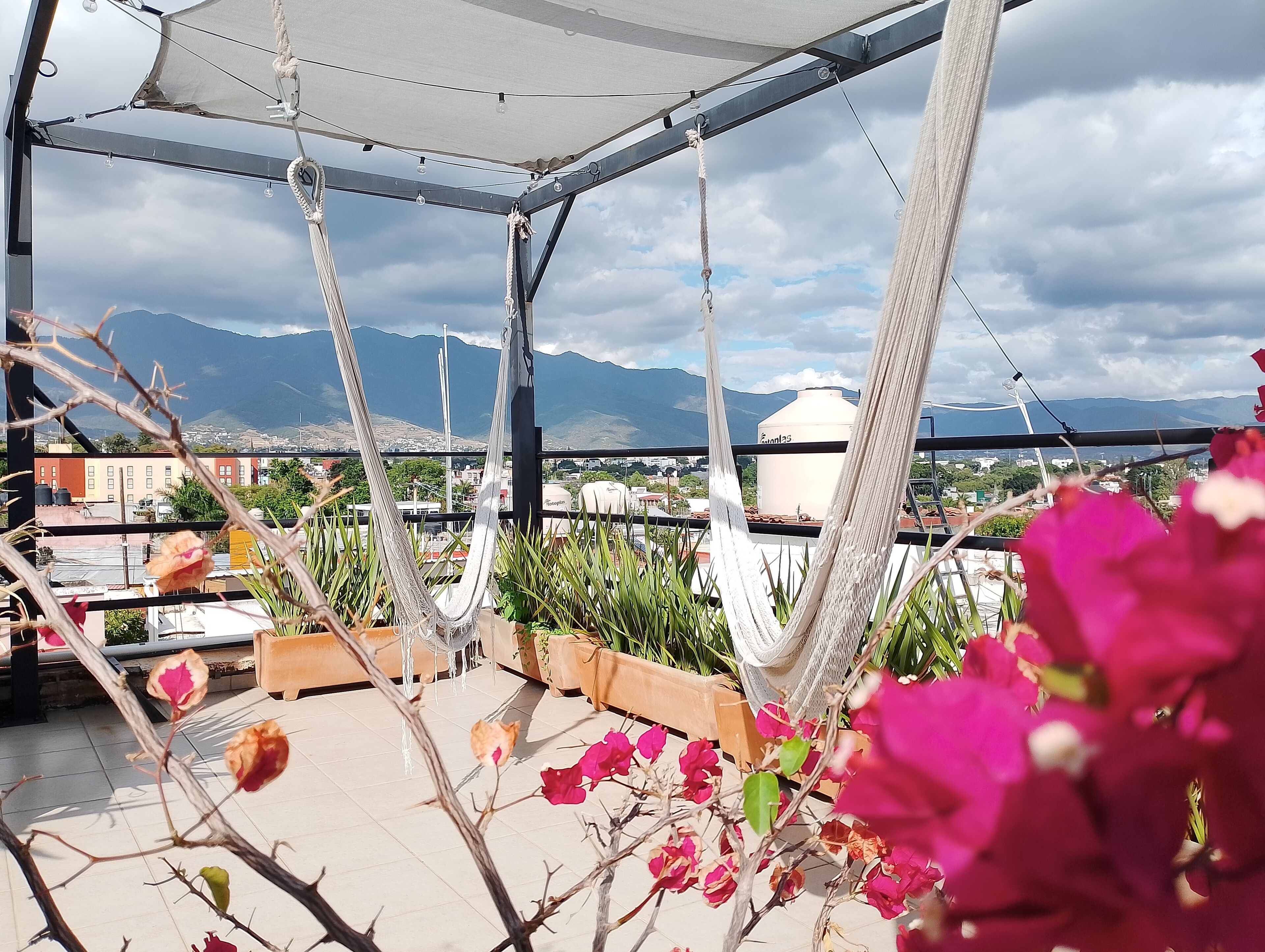 Terraço no telhado com redes e plantas em vasos, com vista para uma paisagem urbana e montanhas.