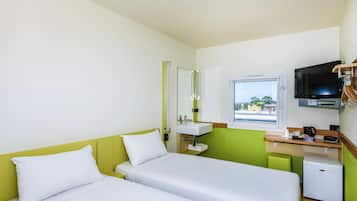 Desk, blackout curtains, soundproofing, iron/ironing board