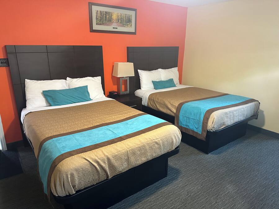 Two single beds with headboards, a nightstand with a lamp, and a framed picture on the wall.
