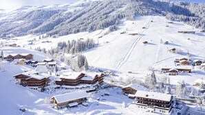 A snow-covered mountain resort with chalet-style buildings, ski slopes, and a clear sky. - Galtenberg Family & Wellness Resort (Alpbach)