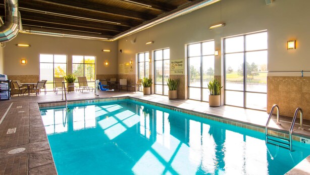Una piscina interior con ventanales, sillas de descanso y plantas en macetas.