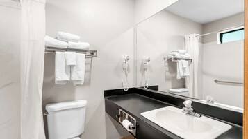 Une salle de bain moderne équipée de toilettes, d’un lavabo et d’un espace douche.