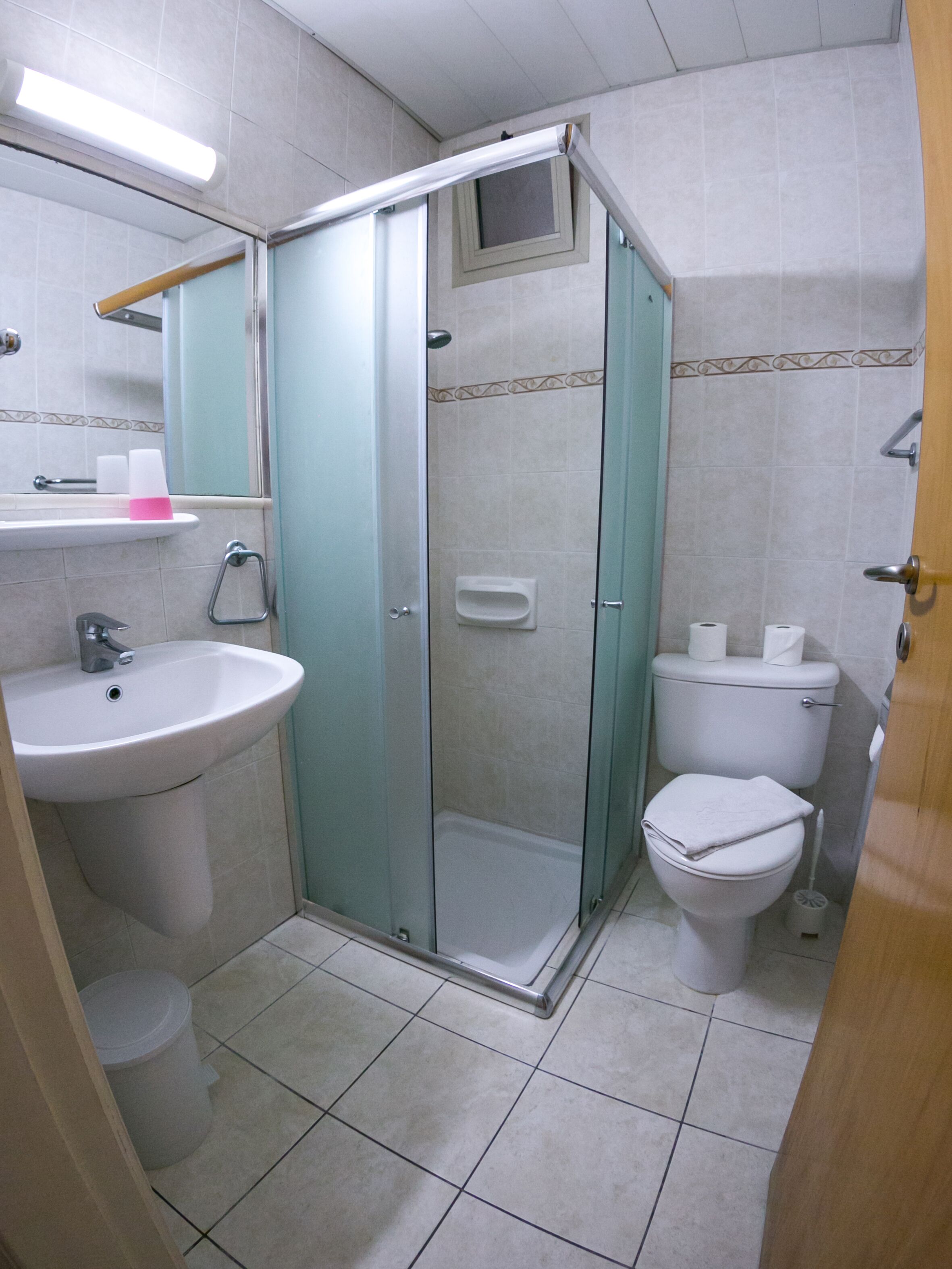 A bathroom with a glass-enclosed shower, a sink, a toilet, and a mirror.