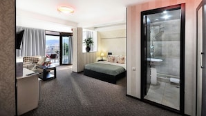A hotel room with a bed, a desk with a computer, a sofa, a small table, a lamp, a potted plant, and a sliding glass door leading to a bathroom with a shower and sink. - Light House - Old City (Tbilisi)