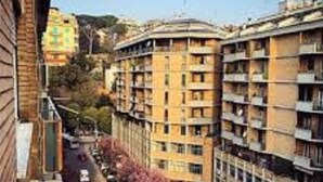 Una serie di edifici residenziali a più piani con balconi, una strada stretta e alberi con foglie rosa.