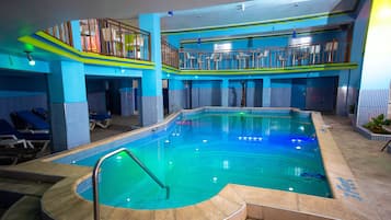 Indoor pool, outdoor pool, sun loungers