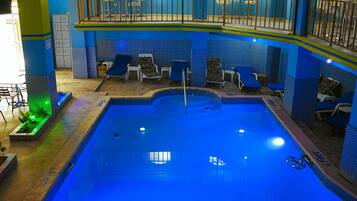 Indoor pool, outdoor pool, pool loungers