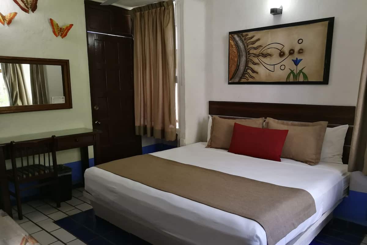 Une chambre d’hôtel avec un lit, une chaise en bois, un bureau, un miroir, une porte et un tableau au mur.