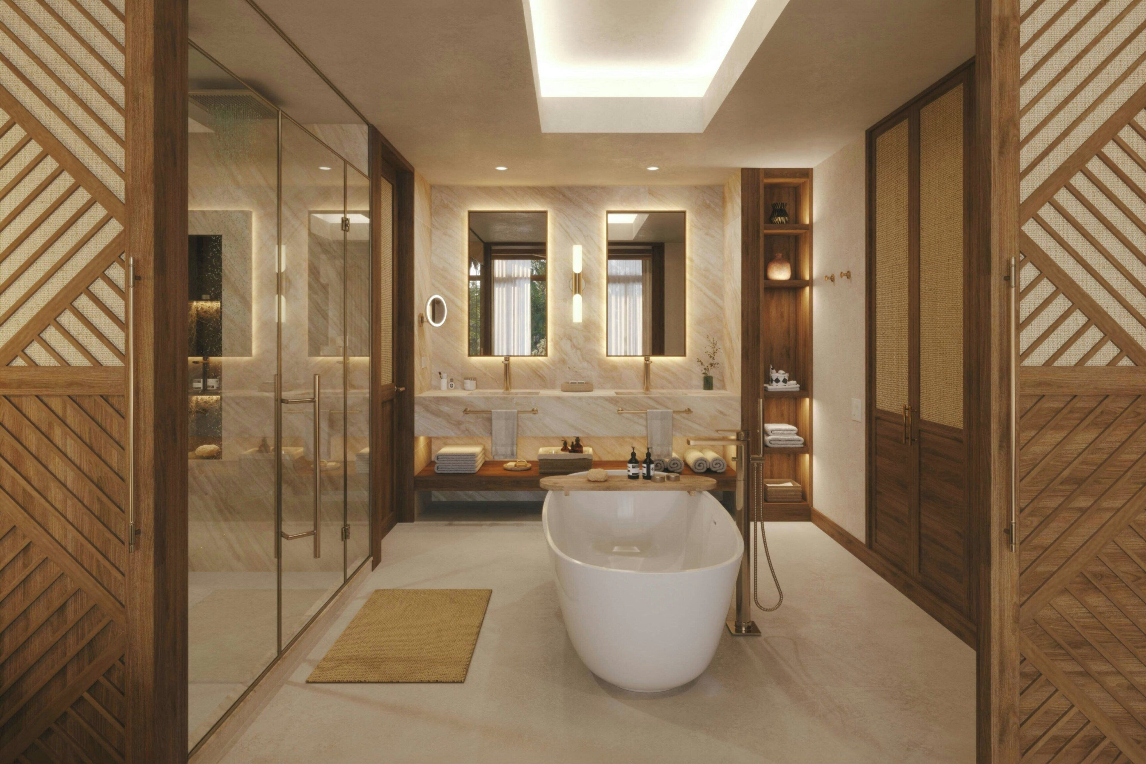 A modern bathroom with a freestanding bathtub, glass shower enclosure, and wooden accents.