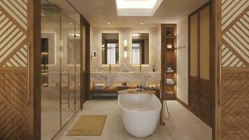 A modern bathroom with a freestanding bathtub, glass shower enclosure, and wooden accents.
