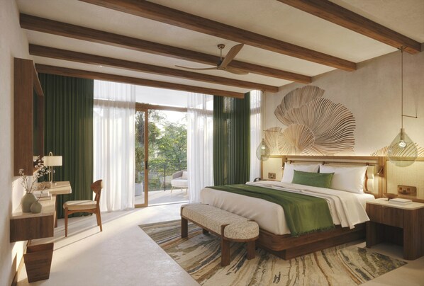 A bedroom with a large bed, a bench, a desk, and a view of the outdoors. - JW Marriott Costa Elena Resort & Spa, All-Inclusive (La Cruz)