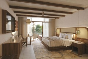 A bedroom with a large bed, a desk, a chair, a small table, a ceiling fan, and a view of the outdoors. - JW Marriott Costa Elena Resort & Spa, All-Inclusive (La Cruz)