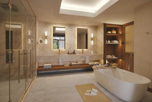 A modern bathroom with a freestanding bathtub, a glass-enclosed shower, and a vanity with a mirror. - JW Marriott Costa Elena Resort & Spa, All-Inclusive (La Cruz)