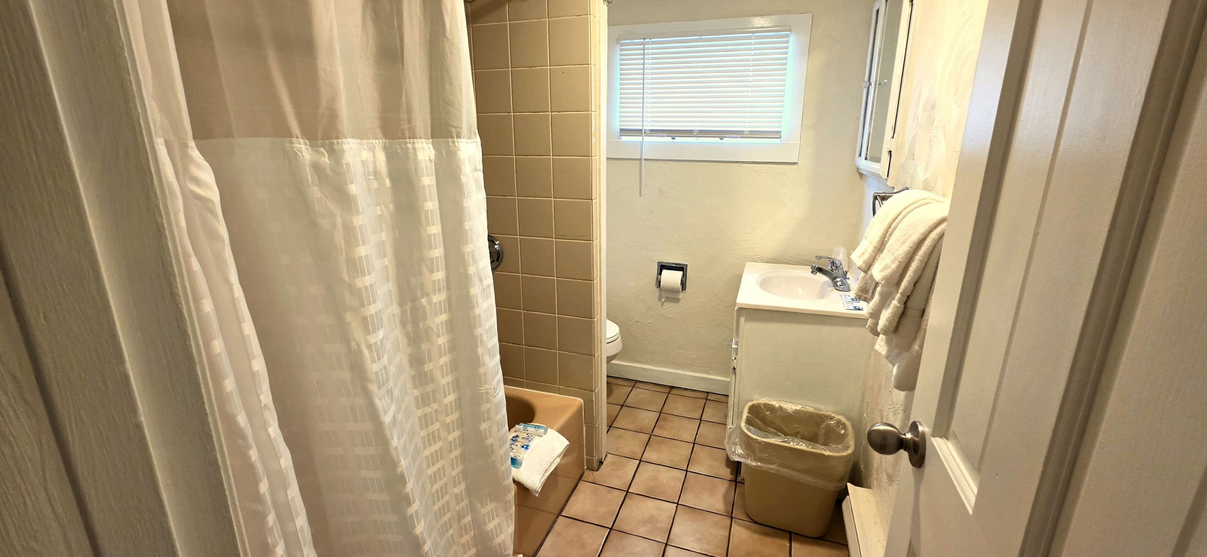 A bathroom with a toilet, sink, and shower curtain.
