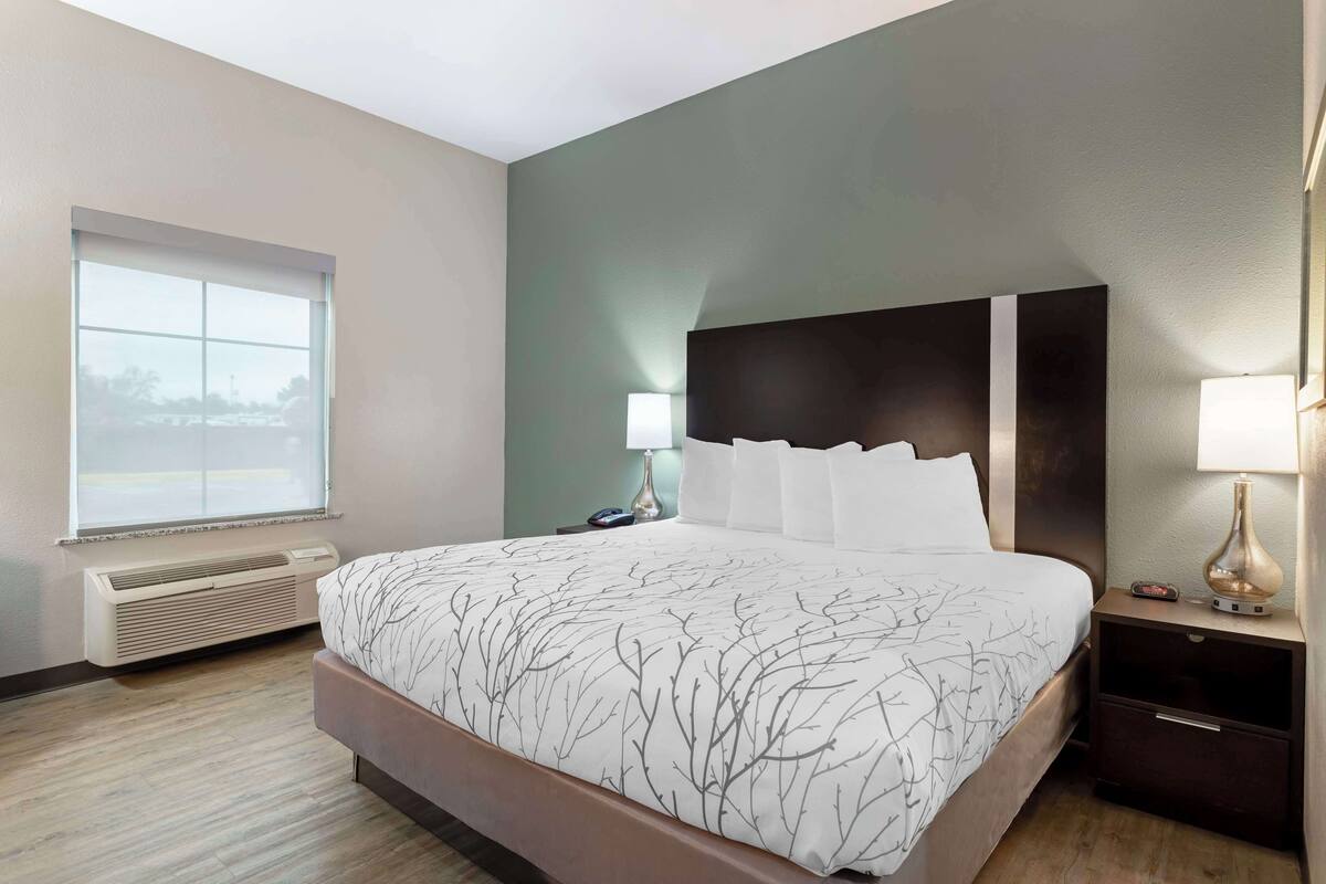 A hotel room with a large bed, a nightstand, a lamp, and a window with a view.