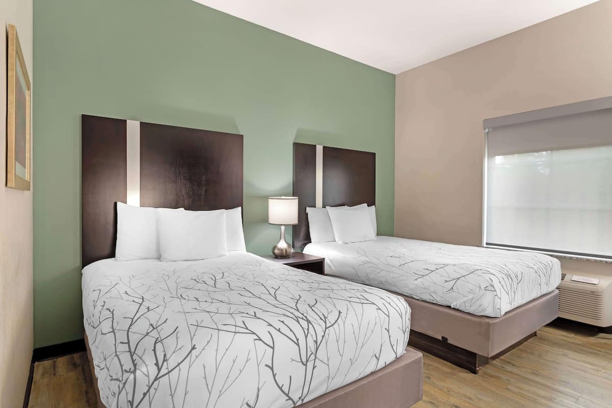 A hotel room with two beds, a nightstand with a lamp, a large window, and a wall-mounted air conditioner.