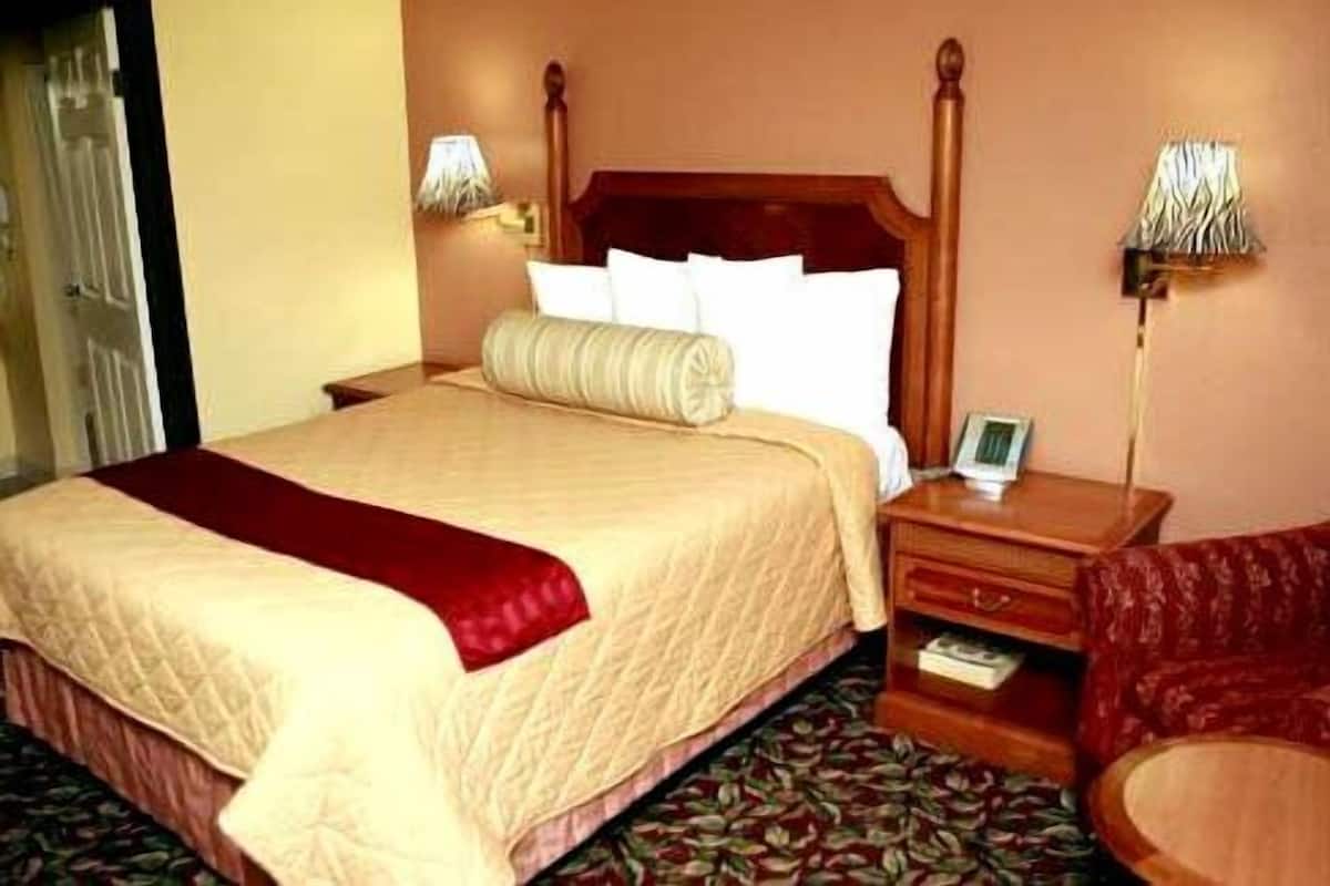 Quarto de hotel com cama de dossel, mesa de cabeceira com abajur, cadeira e pequena mesa também com abajur.