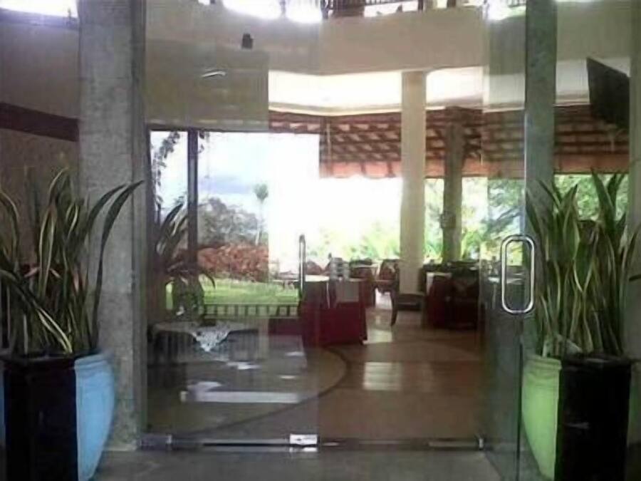 A reception area with a glass door, potted plants, and a view of an outdoor seating area.
