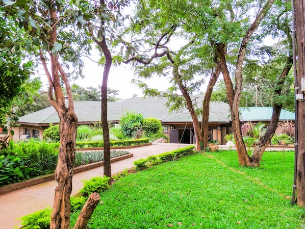 Stroll through the tranquil garden, surrounded by lush trees and neatly trimmed hedges, to the hotel entrance.