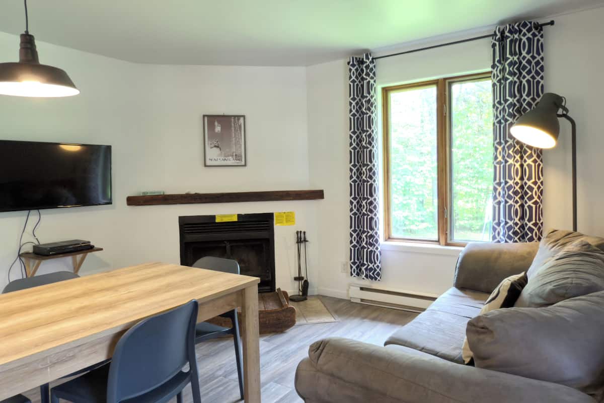 A living room with a wooden dining table, blue chairs, a sofa, a fireplace, a TV mounted on the wall, and patterned curtains.