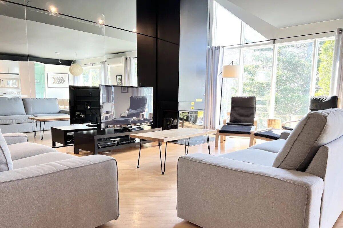 A modern living room with two sofas, a coffee table, and a TV.