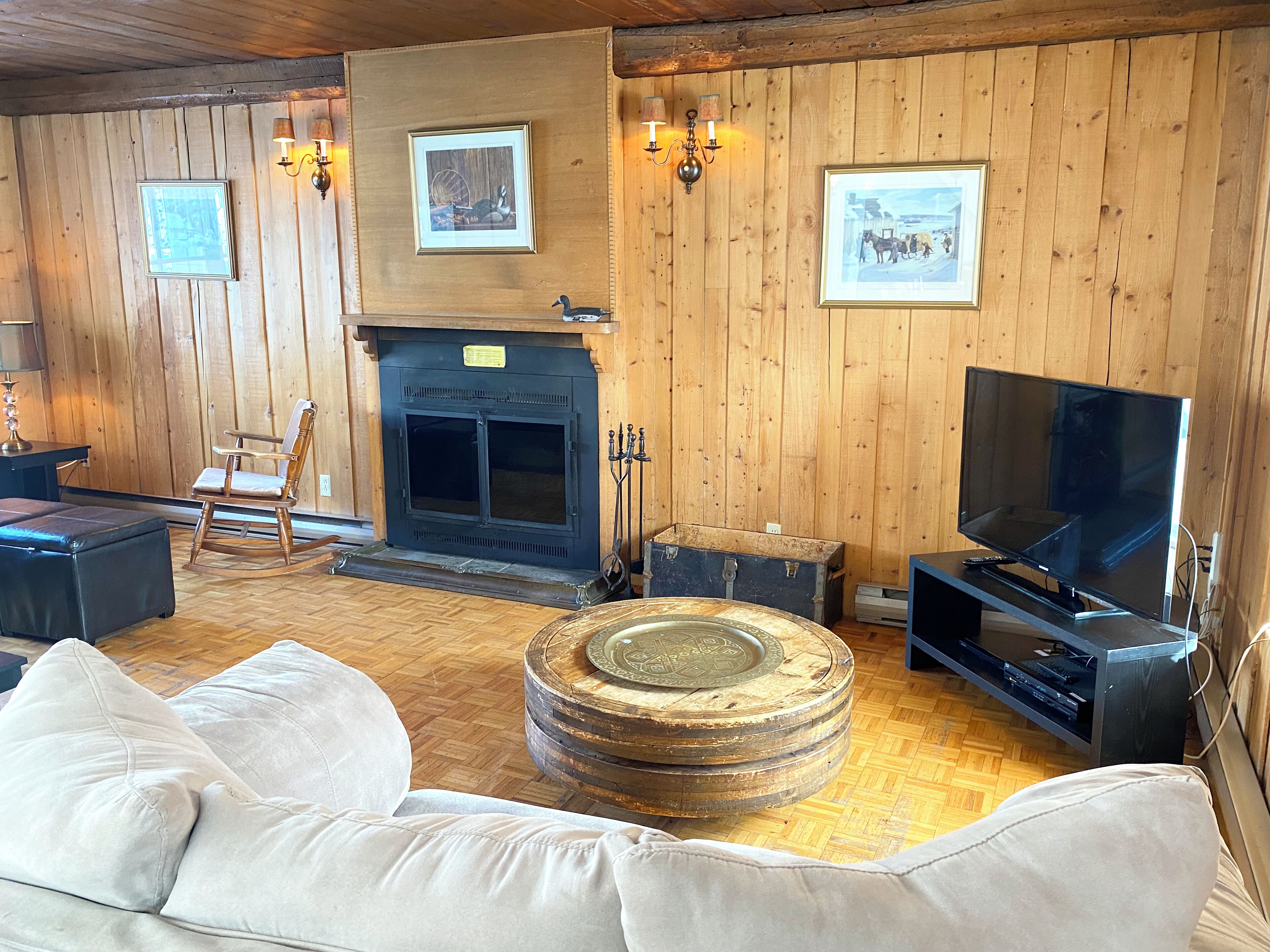 A cozy living room with a fireplace, wooden walls, a television, and a comfortable sofa.