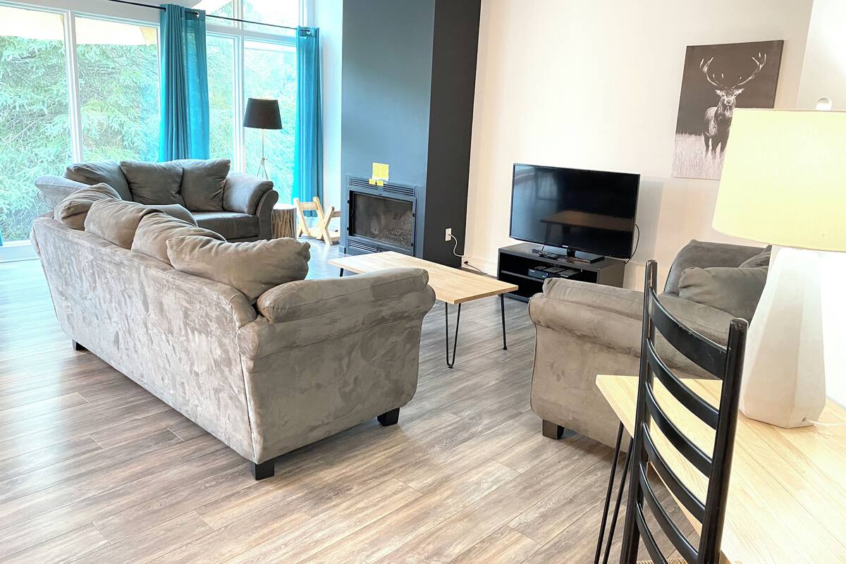 A modern living room with a grey sofa, a coffee table, a TV, and a fireplace.