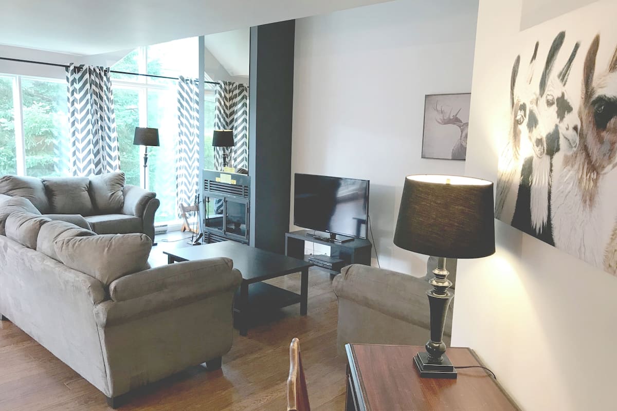 A living room with a sofa, a TV, a fireplace, and a lamp.