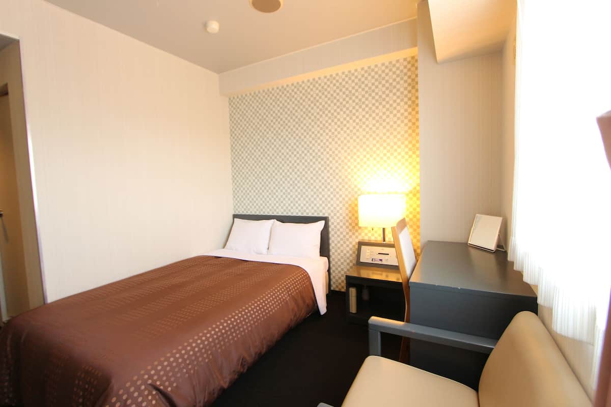 Una habitación de hotel con una cama individual, un escritorio y una silla.