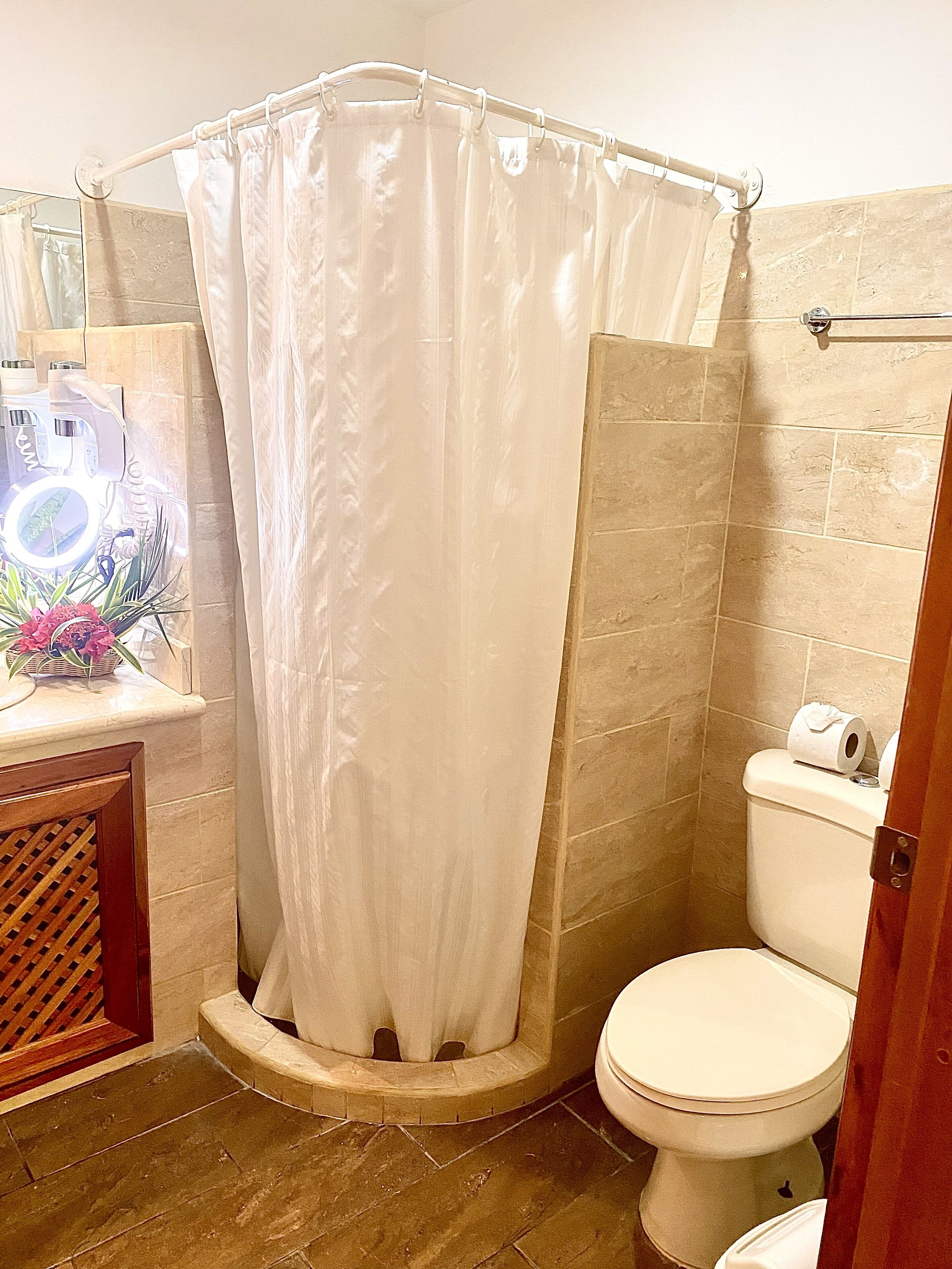 shower, free toiletries, hair dryer, towels