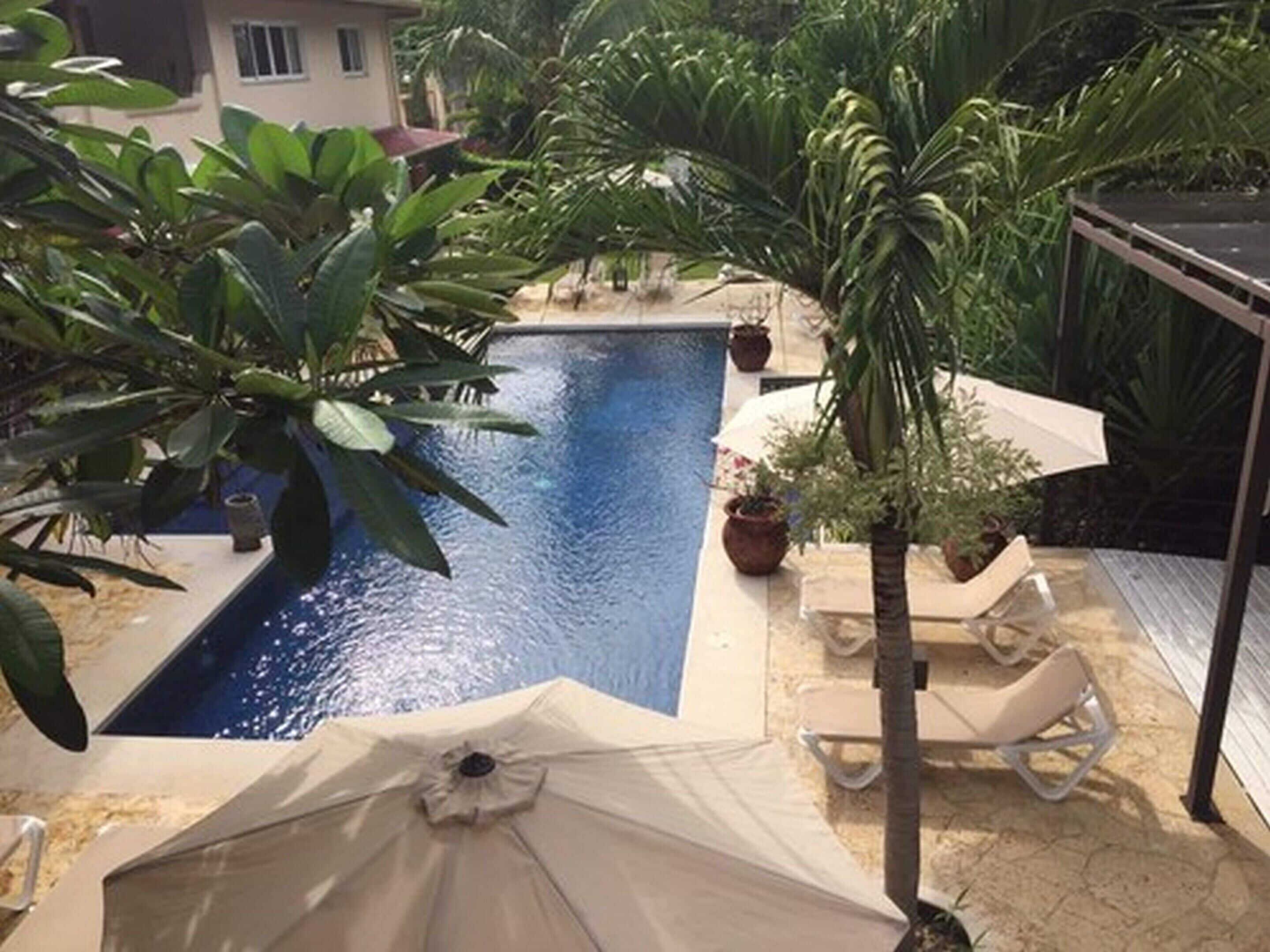 outdoor pool, pool umbrellas, pool loungers