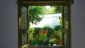 Una ventana con marco de madera abierto, que muestra un jardín con plantas y flores en macetas.