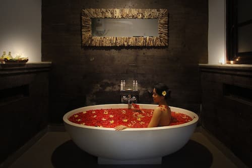 Separate bathtub and shower, deep-soaking bathtub, rainfall showerhead